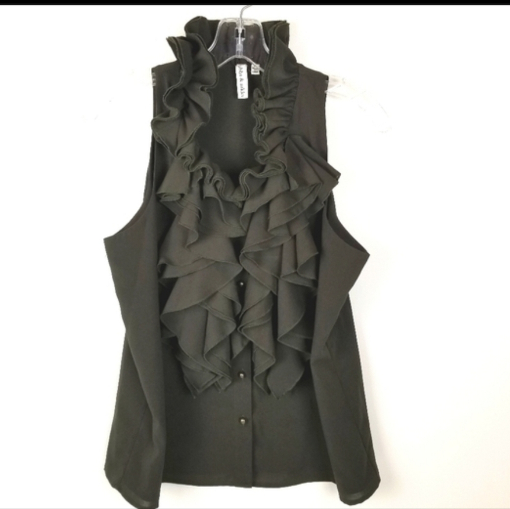 Robbi & Nikki Olive Green Ruffle Front Sleeveless Top